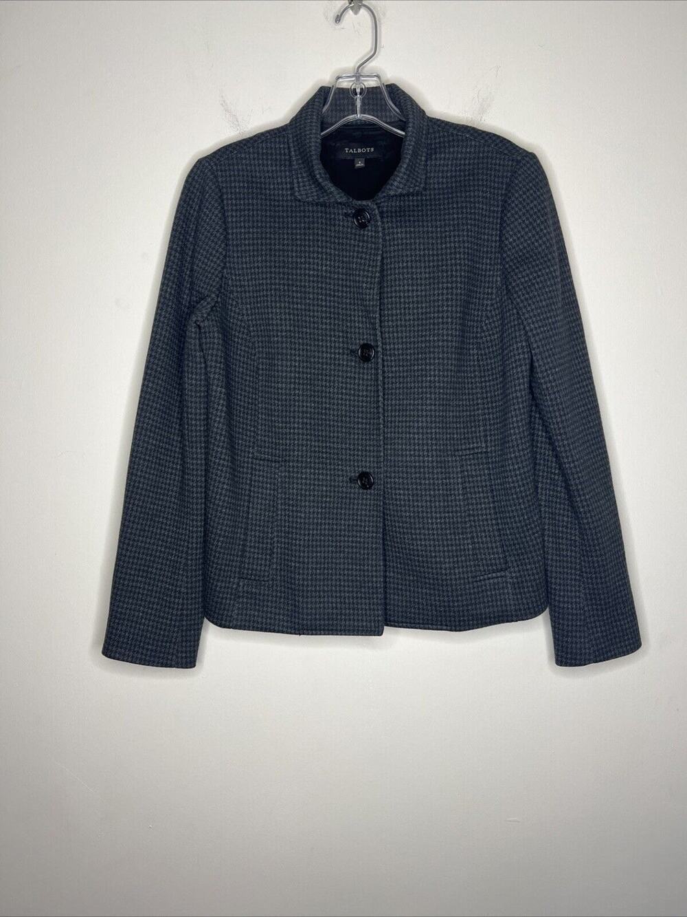 Talbots Blazer Womens Small Gray Black Jacket Houndstooth Work Casual Minimalist
